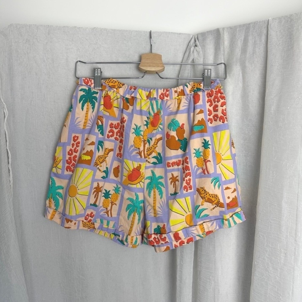Farm Rio Patchwork Tropical Print Shorts Small Multi Color High Waist Boho